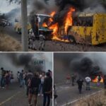 Incendio de autobuses en plena carretera provoca momentos de tensión: enormes llamas y columnas de humo generan preocupación